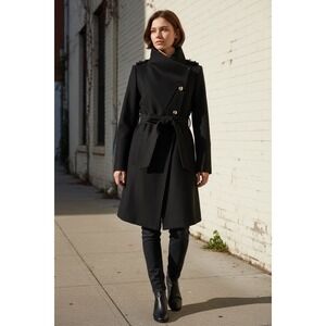 Guess Women Black Wool Blend Belted Wrap Coat Winter Gold Buttons Jacket Small
